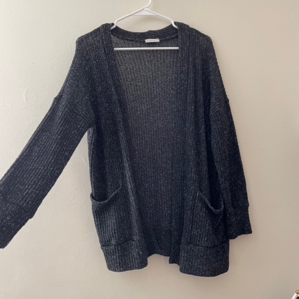 M- Stevie Hender Gray and Silver Knit Mid-Length Cardigan with Pockets